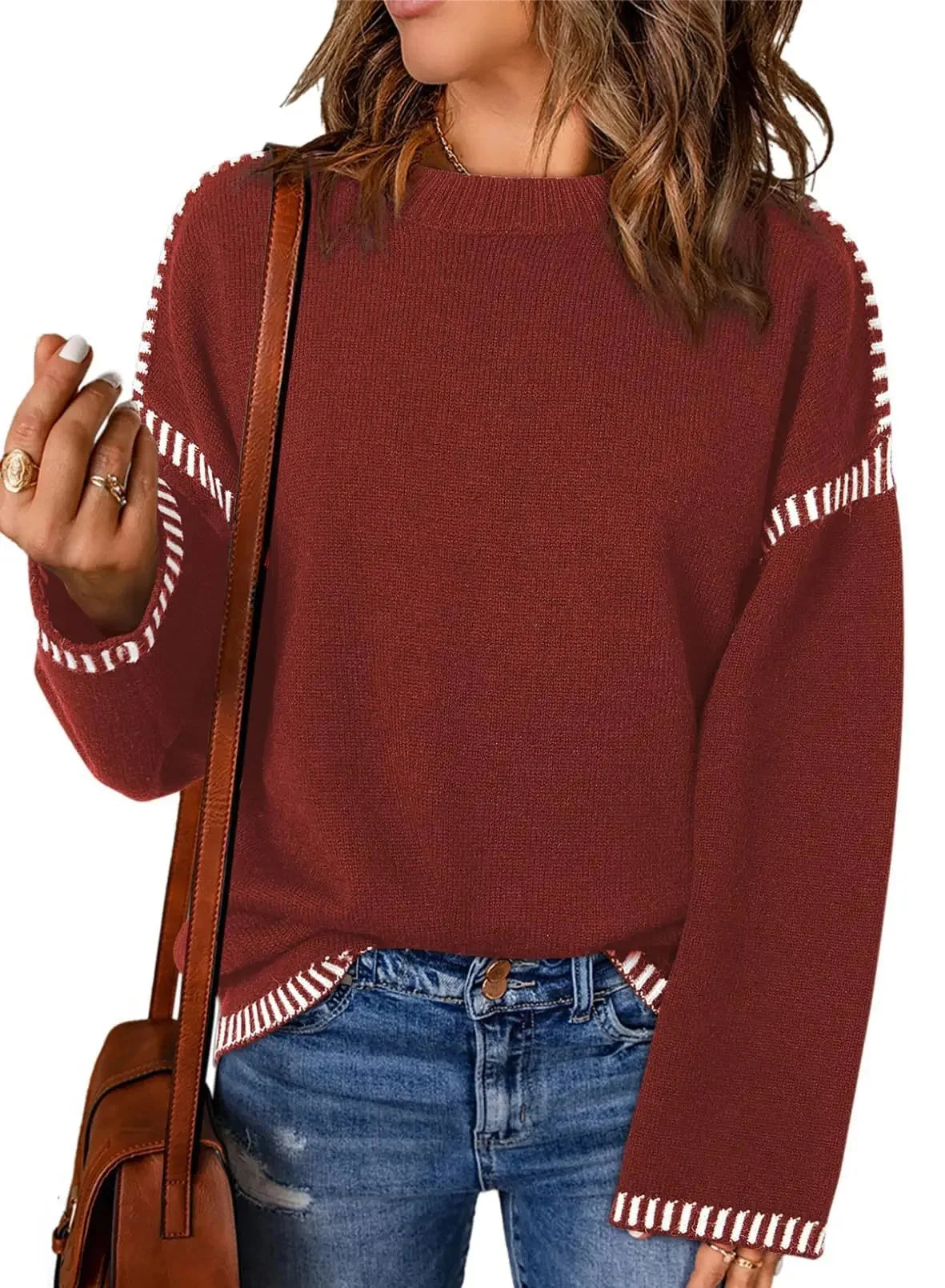 Women's Loose Long Sleeve Crew Neck Knitted Sweater Thickened Polyester Fiber Pure Color Tassel Knitwear