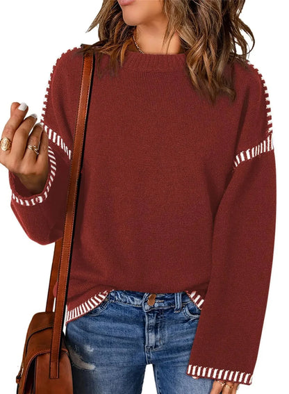 Women's Loose Long Sleeve Crew Neck Knitted Sweater Thickened Polyester Fiber Pure Color Tassel Knitwear