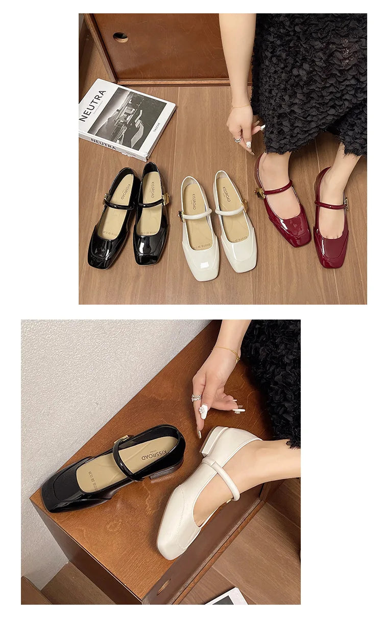 Women Mary Jane Shoes French Retro Square Toe Low Heels Shoes Women's Comfortable Ballet Shoes