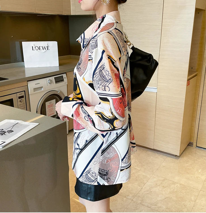Chiffon Allover Printed Women's Blouses High Quality Long Sleeve Single Breasted Spring Summer Casual Lady Blouses