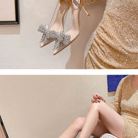 Women's Sexy Evening Wedding Shoes Thin Heels Pumps Shiny Diamond Inlaid Bridal Shoes Pointed Toe Bow Pumps for Women - Natalia Home Fashion