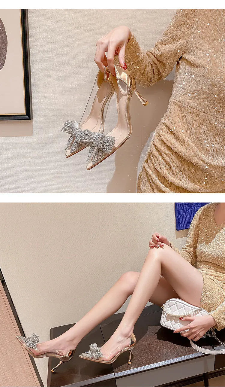 Women's Sexy Evening Wedding Shoes Thin Heels Pumps Shiny Diamond Inlaid Bridal Shoes Pointed Toe Bow Pumps for Women - Natalia Home Fashion