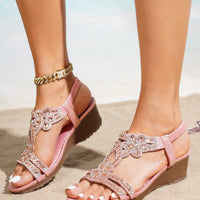 Bohemian Style Thick Heel Sandals Summer Fashion Beach Diamond Women's Shoes round Head Roman Style PU Leather Roman Sandals