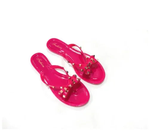 Women Jelly Slippers Rivets Studs Bow-Knot Leisure Daily Flip-Flops For Raining Days Anti-Slip Flat Slippers