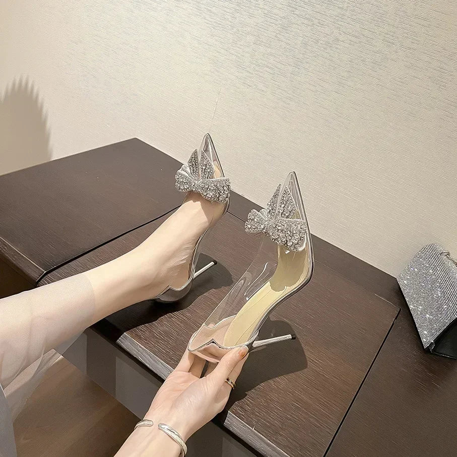 Women's Sexy Evening Wedding Shoes Thin Heels Pumps Shiny Diamond Inlaid Bridal Shoes Pointed Toe Bow Pumps for Women - Natalia Home Fashion