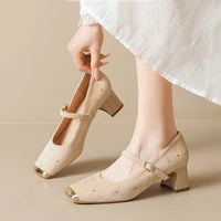 Retro Square Head Mary Jane Shoes Women Comfortable Slip-On High Heels Casual Velvet Upgraded Rubber Sole