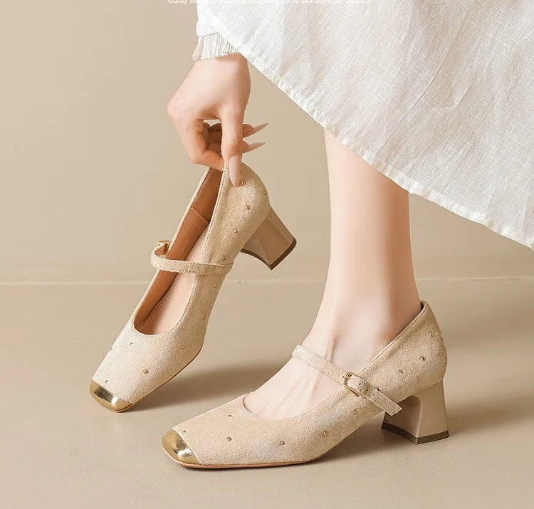Retro Square Head Mary Jane Shoes Women Comfortable Slip-On High Heels Casual Velvet Upgraded Rubber Sole