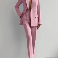 Women Fashion Solid Pant Suits, Office Lady Elegant V-Neck Long Sleeve Blazer Set, Pencil Pants Slim Ladies Outfit