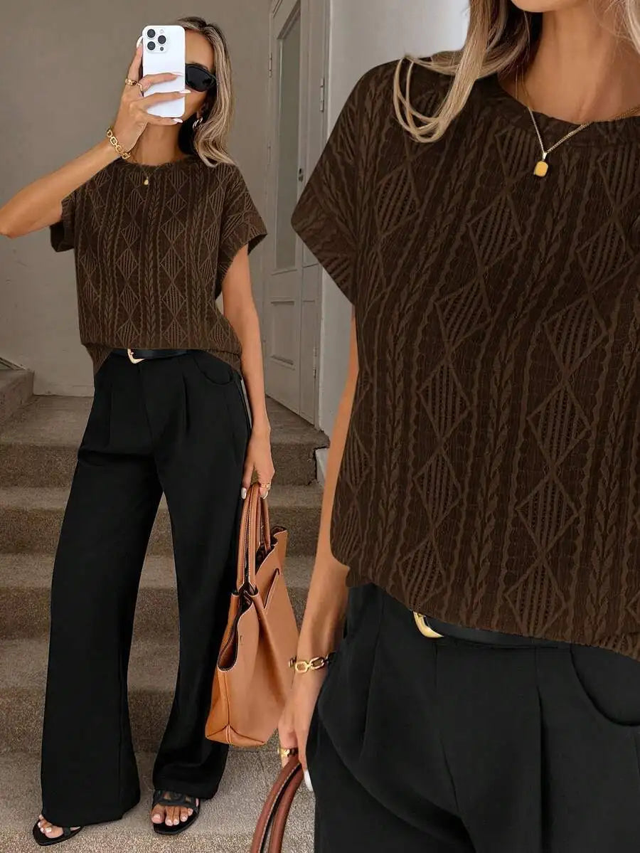 Women's Casual Round Neck Jacquard Short Sleeve Top T-shirt Leisure Commute Women Clothing