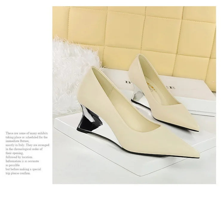 Spring Fashion Pointed Toe Pumps Woman Metal Decoration Wedges Heels Elegant Ladies Shoes