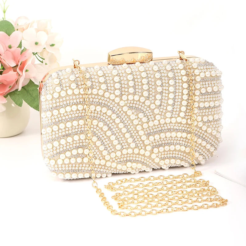 Ladies Pearl Elegant Evening Bag Fashionable Stylish Beading Wedding Dinner Party Banquet  Dress Clutch Bag with Long Chain