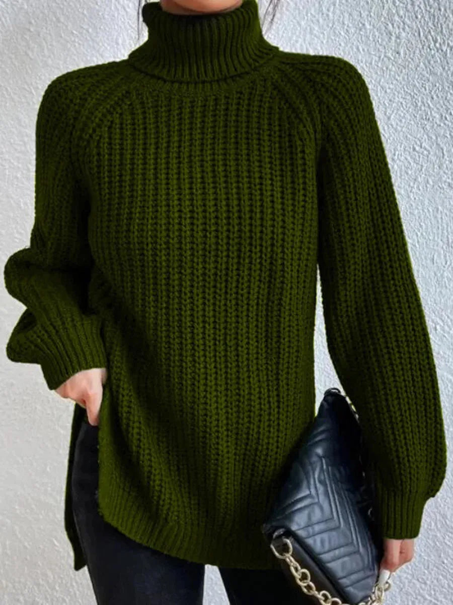 Turtlenecks Women Pullovers Mid-Long Casual Knit Sweater Fad Raglan Sleeves Side Slit Sweater New Skirt-style Jumper