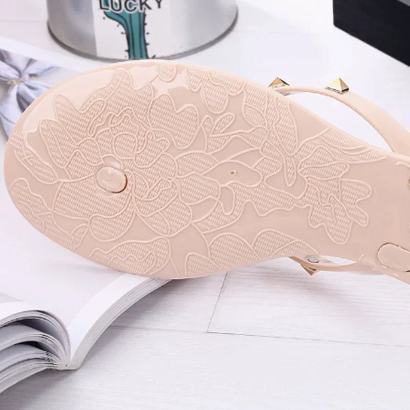 Women Jelly Slippers Rivets Studs Bow-Knot Leisure Daily Flip-Flops For Raining Days Anti-Slip Flat Slippers