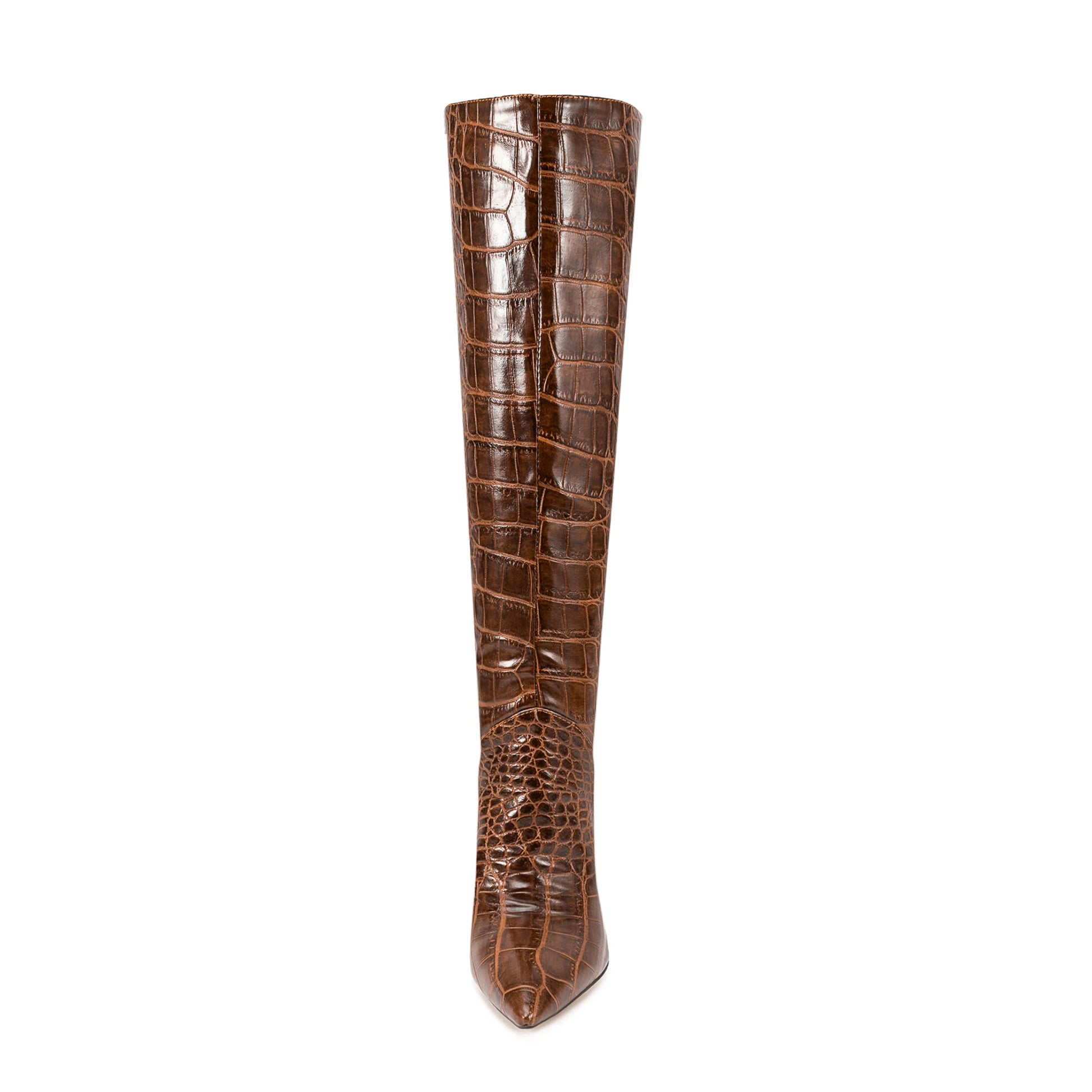 Embossed leather Mid-Calf boots Pointed toe Plush lining Slip-on Stilettos heels Modern boots - Natalia Home Fashion
