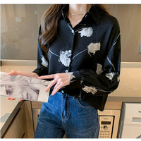 Women's Blouse Long Sleeve Rose Printed Fashionable Chiffon Shirt Long Sleeve Top