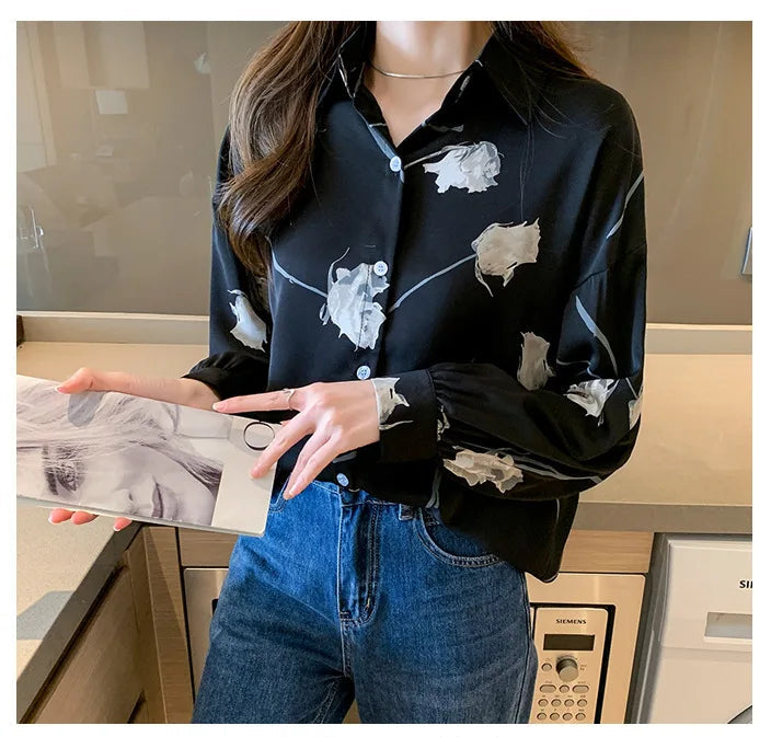 Women's Blouse Long Sleeve Rose Printed Fashionable Chiffon Shirt Long Sleeve Top