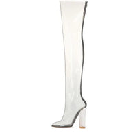 Sexy Transparent PVC High Heels Thigh Boots Pointed Toe Crystal Heels Women Clear Over The Knee Runway Stage Boots