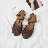 Elegant Fashion Roman Round Head Flat Sandals Women Woven Hollow Sandals Female Closed Toe Summer Ladies Shoes