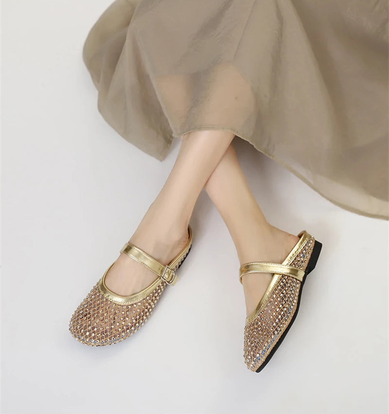 Luxury Shinny Diamond Women Mules Slippers Summer Shoes Crystal Footwear Rhinestones Slip On Brand Mary Jane Sandals Mesh Clogs