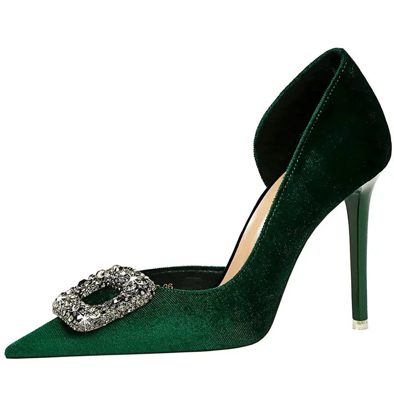 Women 10.5cm Super High Heels Pointed Toe Side Hollow Work Pumps Metal Crystal Buckle Velvet Stiletto Fashion Banquet Lady Shoes