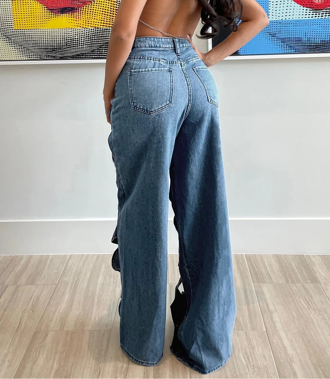 CM.YAYA Women Vintage Cutout Hollow Out Criss Cross Straight Denim Pants 2024 Fashion INS High Waist Wide Leg Jeans Trousers Natalia Home Fashion    Natalia Home Fashion