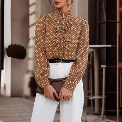 Long Sleeve Button Shirt Fashion Polka Dot Print Ruffle Women Shirts Blouses Elegant Office Lady Casual Top