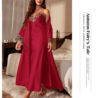 Female Long Twinset Robe Set Nightgown Spring Summer Kimono Bathrobe Gown Sexy Lace Trim Nightdress Satin Home Wear Loungewear