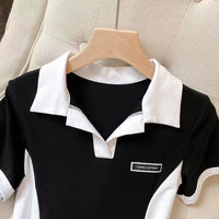 Women Polo Collar Dress Elegant Color block Short Sleeve Bodycon Midi Dress Casual Slim Fit T Shirt Dresses for Women