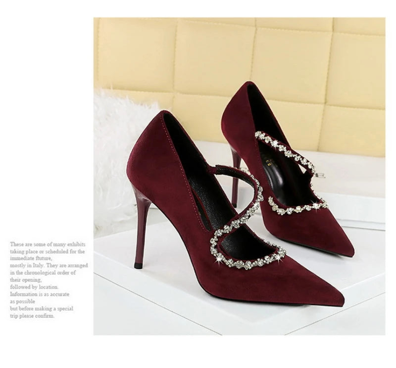 Banquet Pointed Toe High Heels Diamond Chain One-Strip Thin Heel Super High Heels Light Mouth Elegant Lace-Up