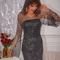 Sexy see through Rhinestone summer dress woman Fishnet club birthday mini dress long sleeve short dresses