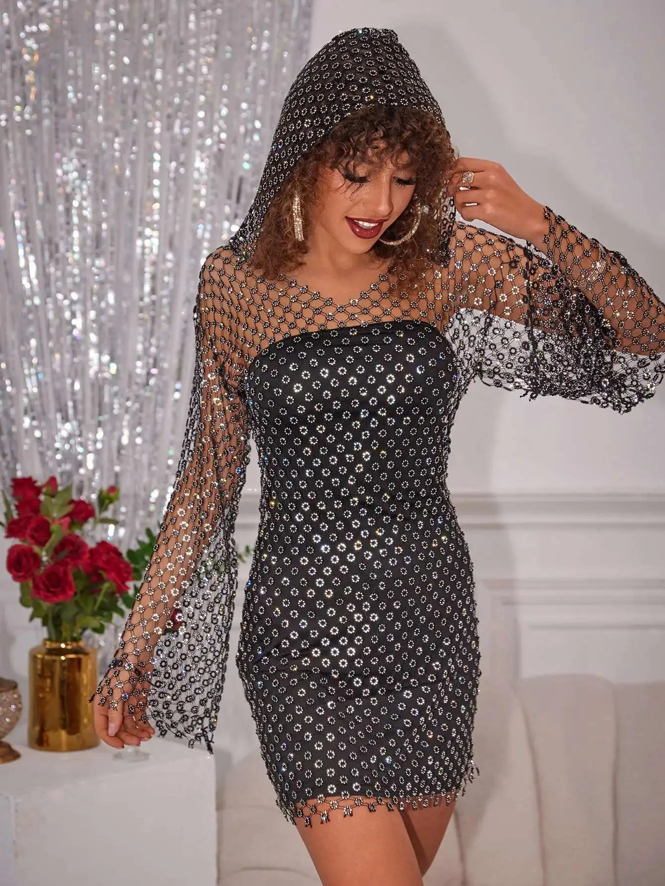 Sexy see through Rhinestone summer dress woman Fishnet club birthday mini dress long sleeve short dresses
