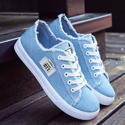 Women Canvas Sneaker Low Top Denim Sneakers Ladies Lace-Up Flat Canvas  Board Shoes Female