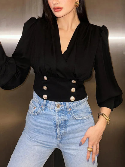 Women's Sexy V-neck Long Sleeved Short Waist Wrapped Bubble Sleeve Solid Shirt