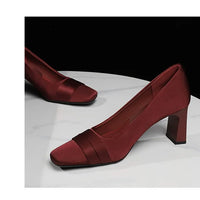 Elegant Satin High Heels Square Toe Slip-On Chunky Heel Comfortable Women's Shoes for Party Fashion Footwear Summer Autumn