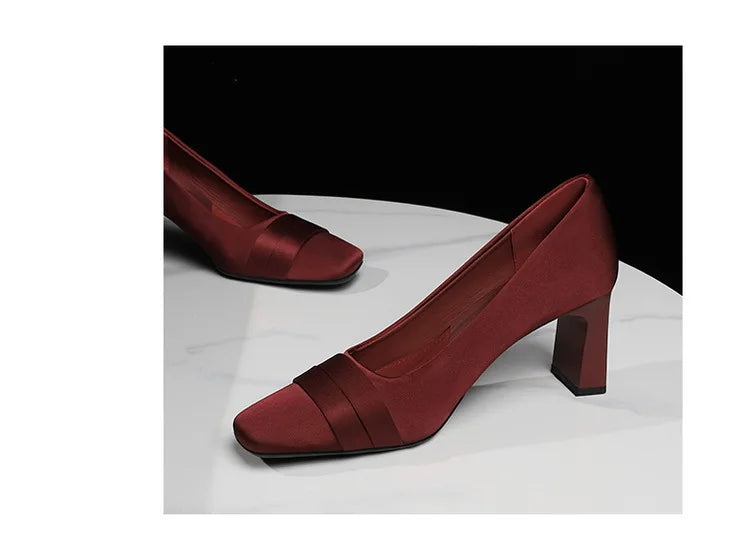 Elegant Satin High Heels Square Toe Slip-On Chunky Heel Comfortable Women's Shoes for Party Fashion Footwear Summer Autumn