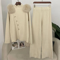 Casual Knitted Half-High Collar Sweater And Pants Set Real Fox Shoulder Patches Spring Autumn New Style Comfortable Lazy Style Natalia Home Fashion    Natalia Home Fashion