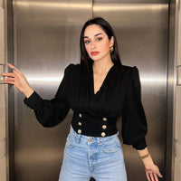 Women's Sexy V-neck Long Sleeved Short Waist Wrapped Bubble Sleeve Solid Shirt