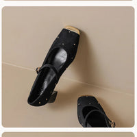 Retro Square Head Mary Jane Shoes Women Comfortable Slip-On High Heels Casual Velvet Upgraded Rubber Sole