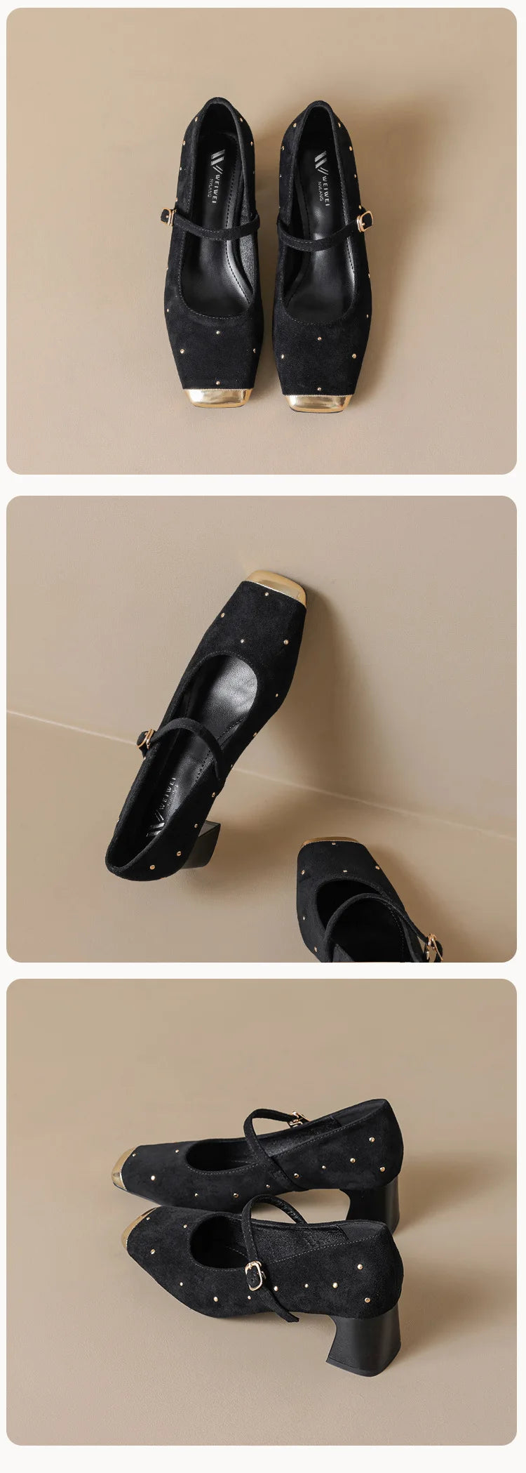 Retro Square Head Mary Jane Shoes Women Comfortable Slip-On High Heels Casual Velvet Upgraded Rubber Sole