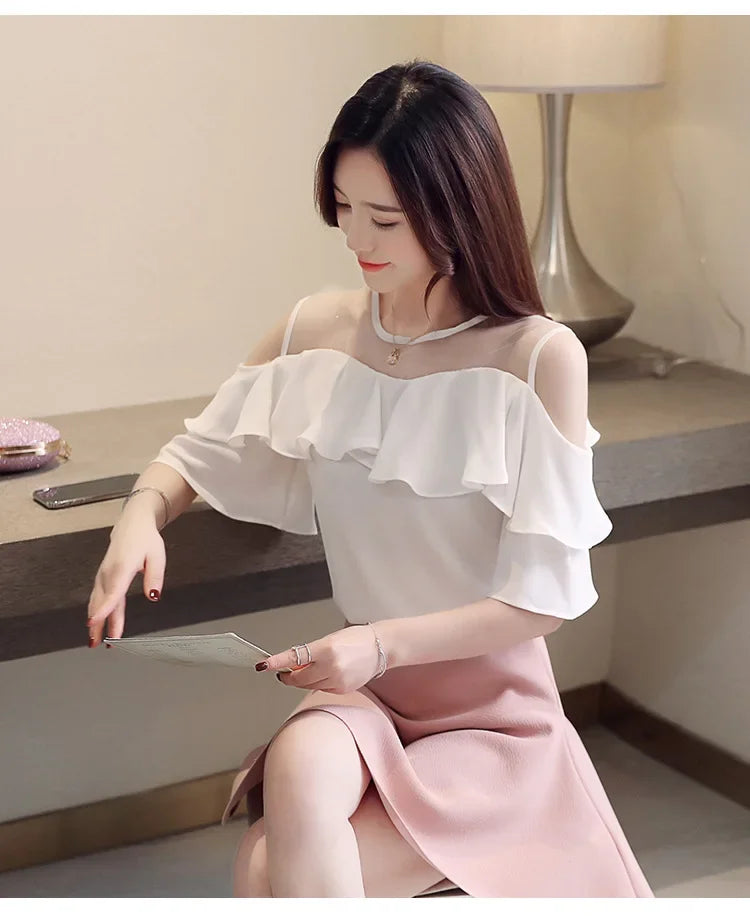 Loose Women's Chiffon Shirt round Neck Pure Color Mesh Five Sleeve Transparent Top Fashionable Small Shirt