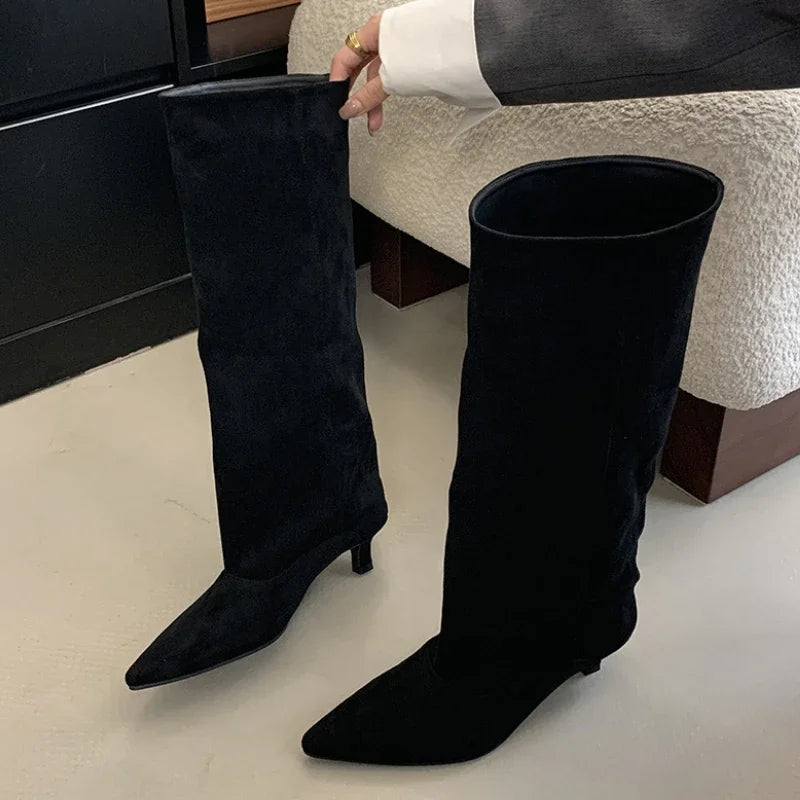 Street Style Pointed Toe Knee-High Boots Women Low Heels Shoes Female Long Booties Women Shoes