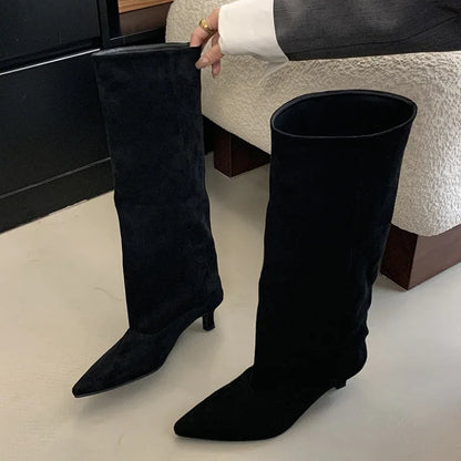 Street Style Pointed Toe Knee-High Boots Women Low Heels Shoes Female Long Booties Women Shoes