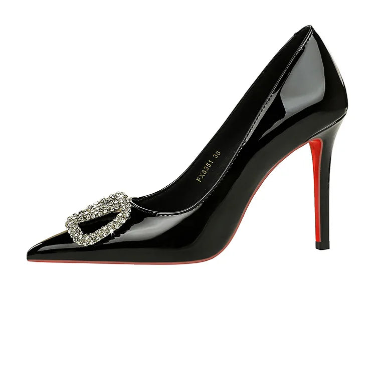 Banquet Pointed High Heels, Shallow Metal Rhinestone Thin Heel Patent Leather High Heels