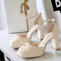 One-Strip Ultra-High Heel Sandals Platform Thick Heel Bow Women Shoes Square Toe Shallow Mouth Hollow Shoes