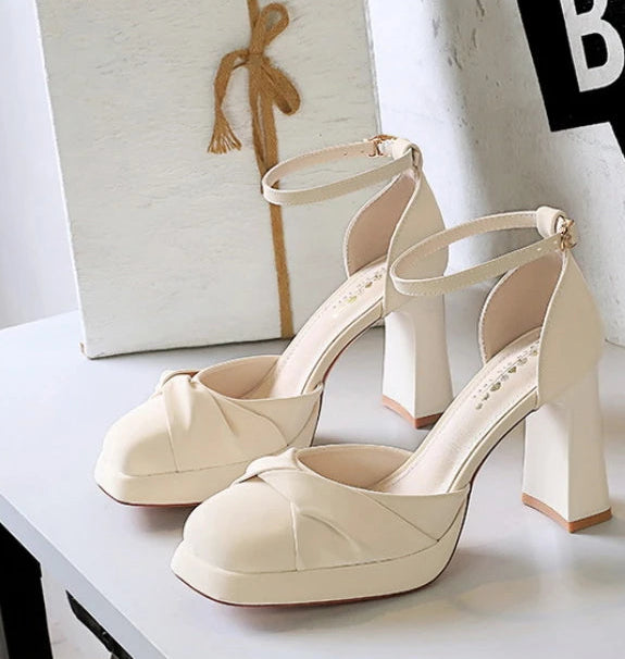 One-Strip Ultra-High Heel Sandals Platform Thick Heel Bow Women Shoes Square Toe Shallow Mouth Hollow Shoes