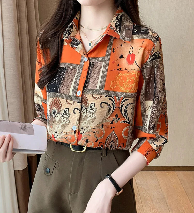 Slim Floral Long-sleeved Shirt Loose Printed Top for Women