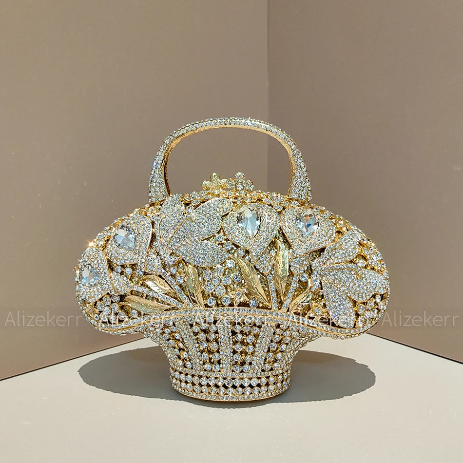 Flower Basket Crystal Evening Bags Women Luxury Designer Elegant Bling Rhinestone Metallic Clutch Purses Wedding Party