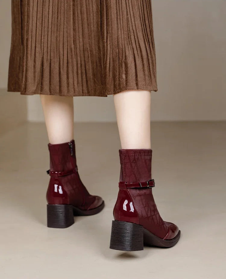Women's Side Zipper Boot High Heel Short Boot Winter Mid-Calf Boot Chinese Style National Wedding Boot