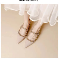 Elegant French Style Cropped Studded Flat Bottom Sandals Women's Summer Tweed Pattern Medial Vacancy Pointe Roman Design