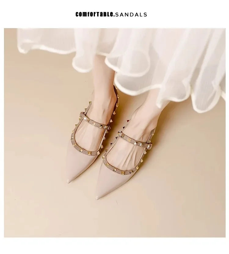 Elegant French Style Cropped Studded Flat Bottom Sandals Women's Summer Tweed Pattern Medial Vacancy Pointe Roman Design